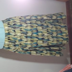 R. Q. T. PETITE Lined-Peacock Feather Brush Pattern-Flare-Midi Skirt-EUC-Sz 8P